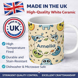 Personalized Custom Name Cute Space Aliens Planets Stars Galaxy Fun Seamless Pattern Lovely 11oz Ceramic Coffee Tea Mug White Large Handle