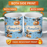 Personalized Custom Name Cute Halloween Bats Sitting on Pumpkins with Stars Blue Background 11oz Ceramic Coffee Tea Mug White Large Handle