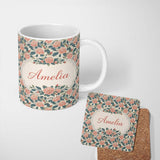 Personalized Custom Name Dark Background Coral Rose Floral Seamless Pattern Cute Unique Gift 11oz Ceramic Coffee Tea Mug White Large Handle