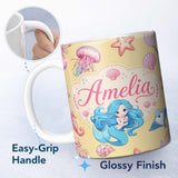 Personalized Custom Name Mermaid Ocean Friends Jellyfish Starfish Mustard Yellow Background 11oz Ceramic Coffee Tea Mug White Large Handle
