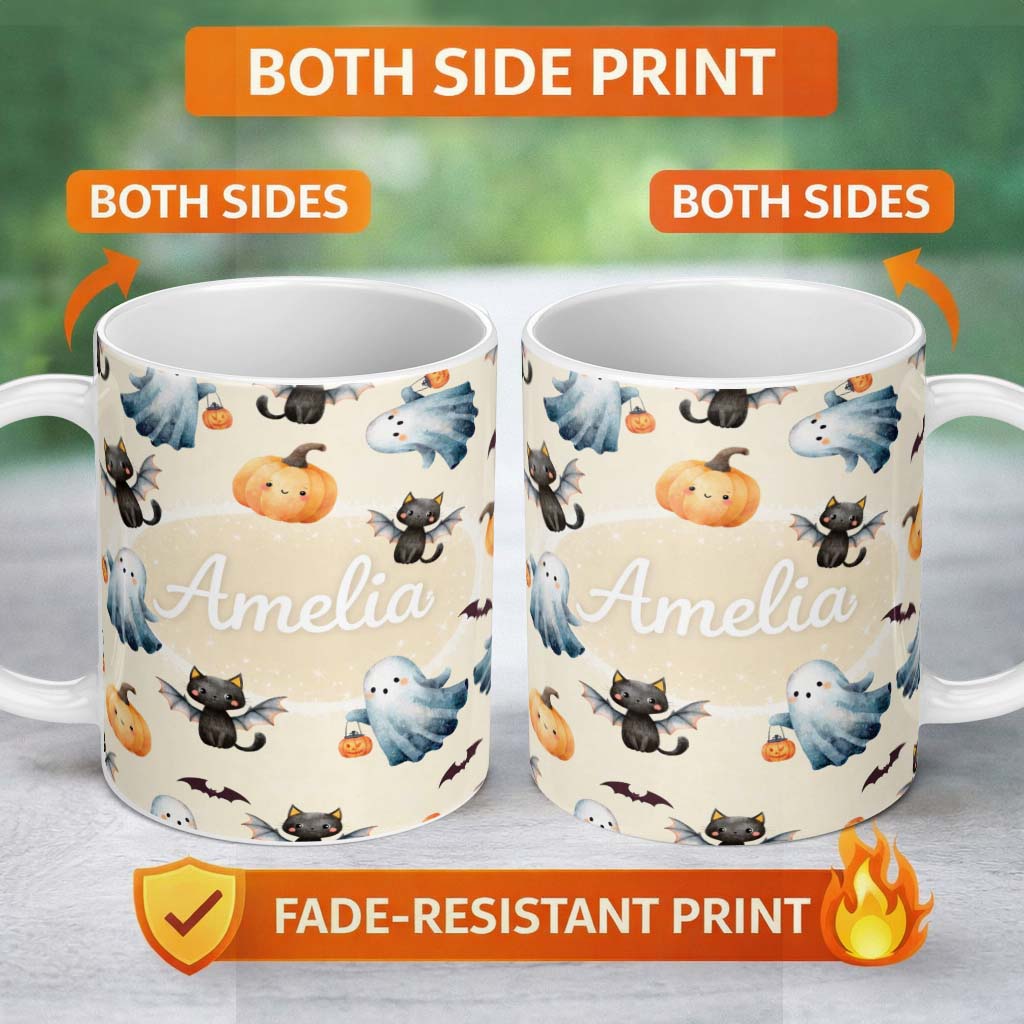 Personalized Custom Name Halloween Ghost Pumpkin Cat Seamless Pattern Beige Cute Spooky 11oz Ceramic Coffee Tea Mug White Large Handle