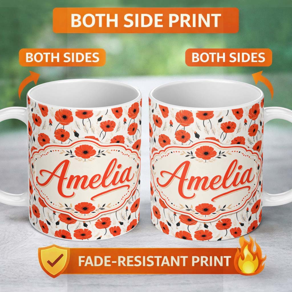 Personalized Custom Name Minimal Red Poppy Floral Pattern Elegant Botanical Seamless Design 11oz Ceramic Coffee Tea Mug White Large Handle
