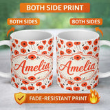 Personalized Custom Name Minimal Red Poppy Floral Pattern Elegant Botanical Seamless Design 11oz Ceramic Coffee Tea Mug White Large Handle