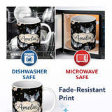 Personalized Custom Name Cute Baby Bats with Stars Night Sky Black Background Seamless 11oz Ceramic Coffee Tea Mug White Large Handle