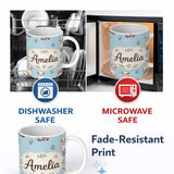 Personalized Custom Name Cute Alpaca Llama Farm Animals Floral Seamless Pattern Blue Lovely 11oz Ceramic Coffee Tea Mug White Large Handle