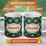 Personalized Custom Name Cute Green Knitted Christmas Tree Reindeer Snowflake Nordic Seamless 11oz Ceramic Coffee Tea Mug White Large Handle