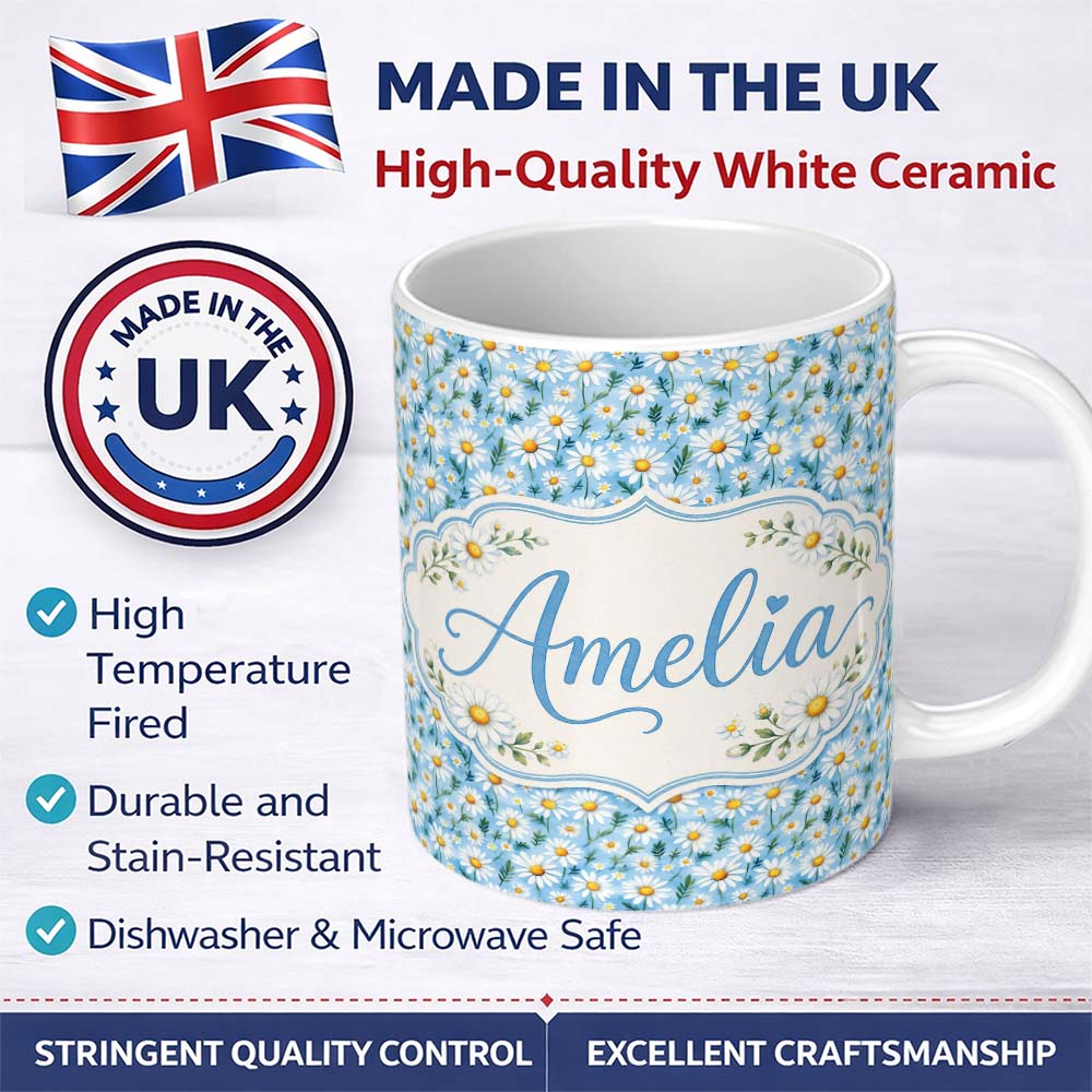 Personalized Custom Name Small White Daisy Floral Meadow Pattern Seamless Pattern Lovely 11oz Ceramic Coffee Tea Mug White Large Handle