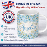 Personalized Custom Name Small White Daisy Floral Meadow Pattern Seamless Pattern Lovely 11oz Ceramic Coffee Tea Mug White Large Handle