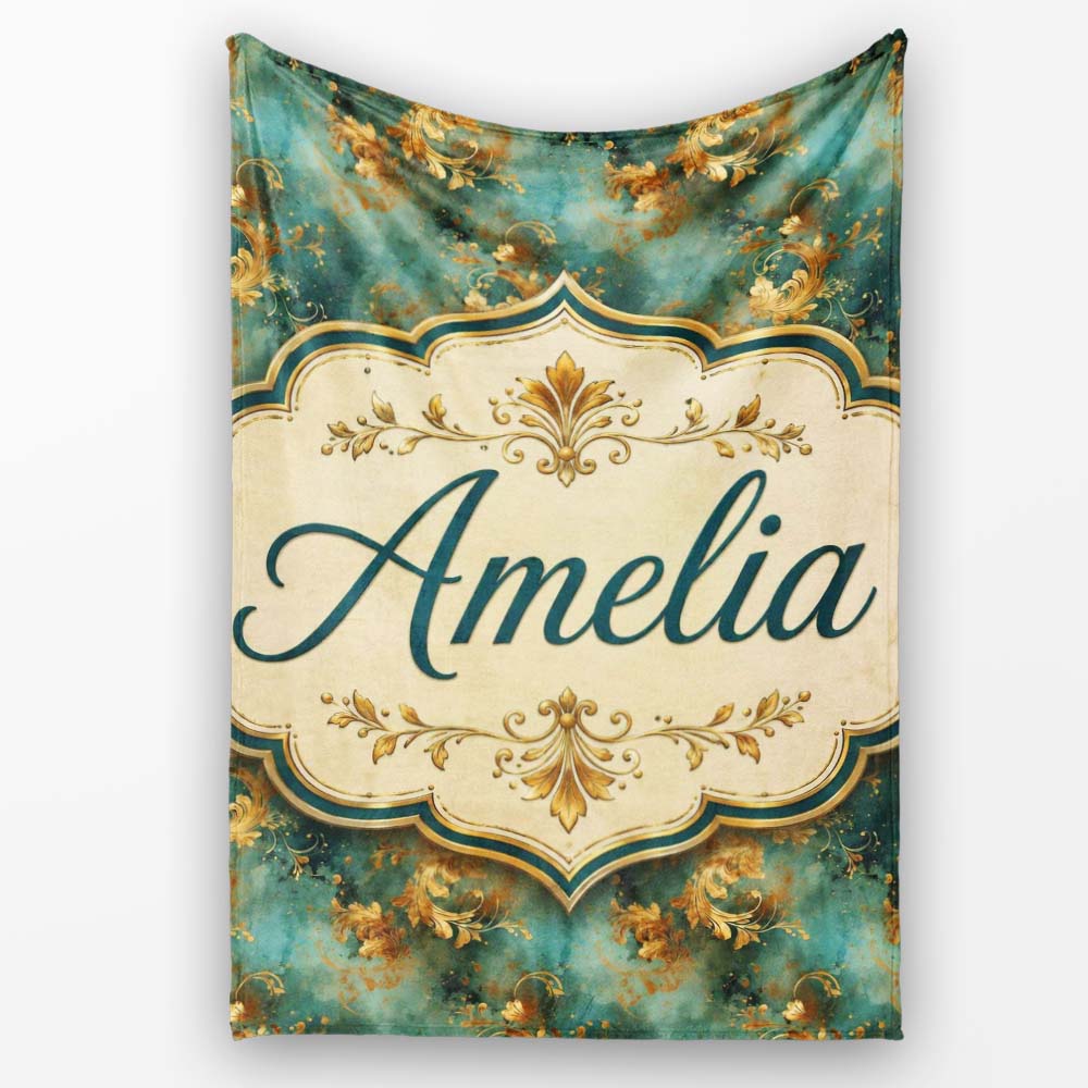 Elegant Gold Floral Scroll on Teal Background Seamless Pattern  Personalised Custom Name Super Soft Fleece Blanket Bed Sofa Throw