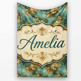 Elegant Gold Floral Scroll on Teal Background Seamless Pattern  Personalised Custom Name Super Soft Fleece Blanket Bed Sofa Throw