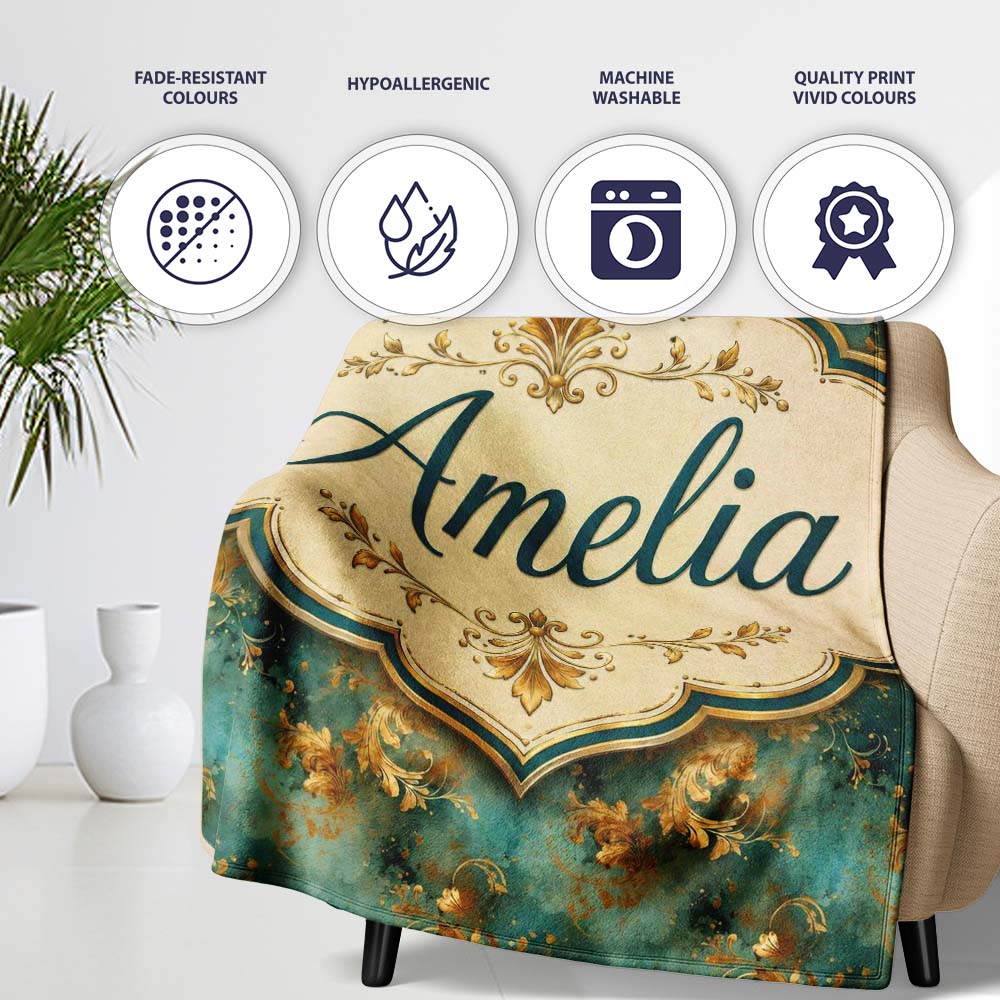Elegant Gold Floral Scroll on Teal Background Seamless Pattern  Personalised Custom Name Super Soft Fleece Blanket Bed Sofa Throw