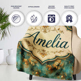 Elegant Gold Floral Scroll on Teal Background Seamless Pattern  Personalised Custom Name Super Soft Fleece Blanket Bed Sofa Throw