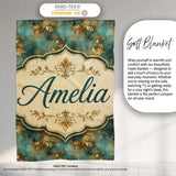Elegant Gold Floral Scroll on Teal Background Seamless Pattern  Personalised Custom Name Super Soft Fleece Blanket Bed Sofa Throw