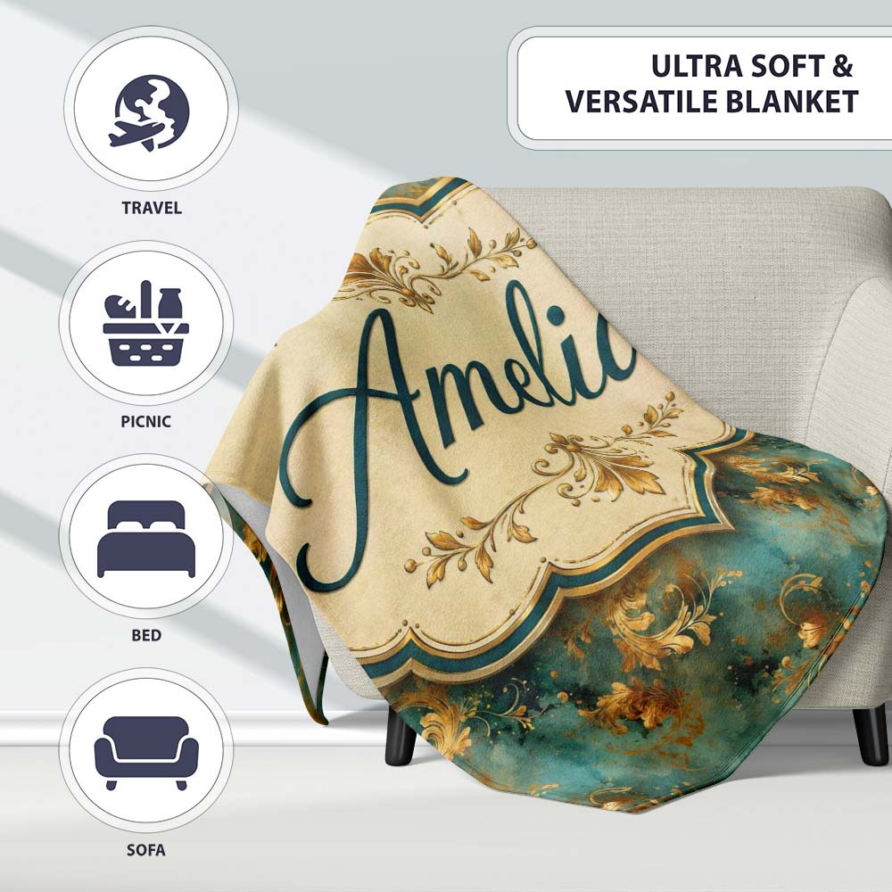 Elegant Gold Floral Scroll on Teal Background Seamless Pattern  Personalised Custom Name Super Soft Fleece Blanket Bed Sofa Throw