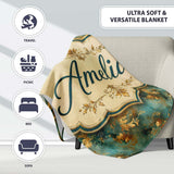 Elegant Gold Floral Scroll on Teal Background Seamless Pattern  Personalised Custom Name Super Soft Fleece Blanket Bed Sofa Throw