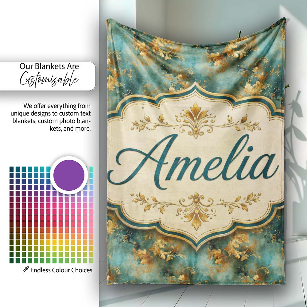 Elegant Gold Floral Scroll on Teal Background Seamless Pattern  Personalised Custom Name Super Soft Fleece Blanket Bed Sofa Throw