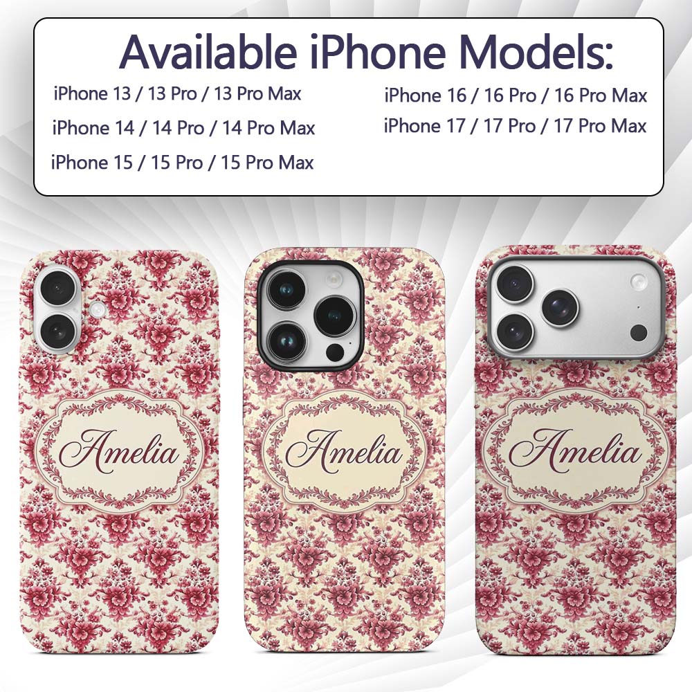 Soft Pink Vintage Floral Bouquet Seamless Pattern Custom Name Protective Phone Case Mobile Cover Durable Everyday Smartphone Shock Resistant