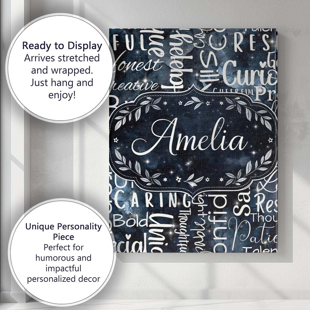 Personalised Name Galaxy Sparkle Typography Black Motivational Word Custom Canvas Wall Art Print Decor Picture Ready to Hang