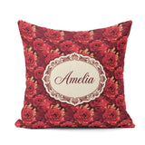 Custom Name Rich Red Peony Flower Garden Seamless Pattern Coffee Square Filled Cushion Throw Pillow Sofa Bed Home Decor Zip Washable UK Made