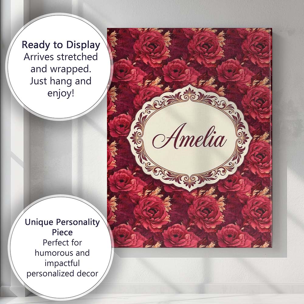 Personalised Name Rich Red Peony Flower Custom  Modern Room Accent Elegant Feature Canvas Wall Art Print Decor Picture Ready to Hang