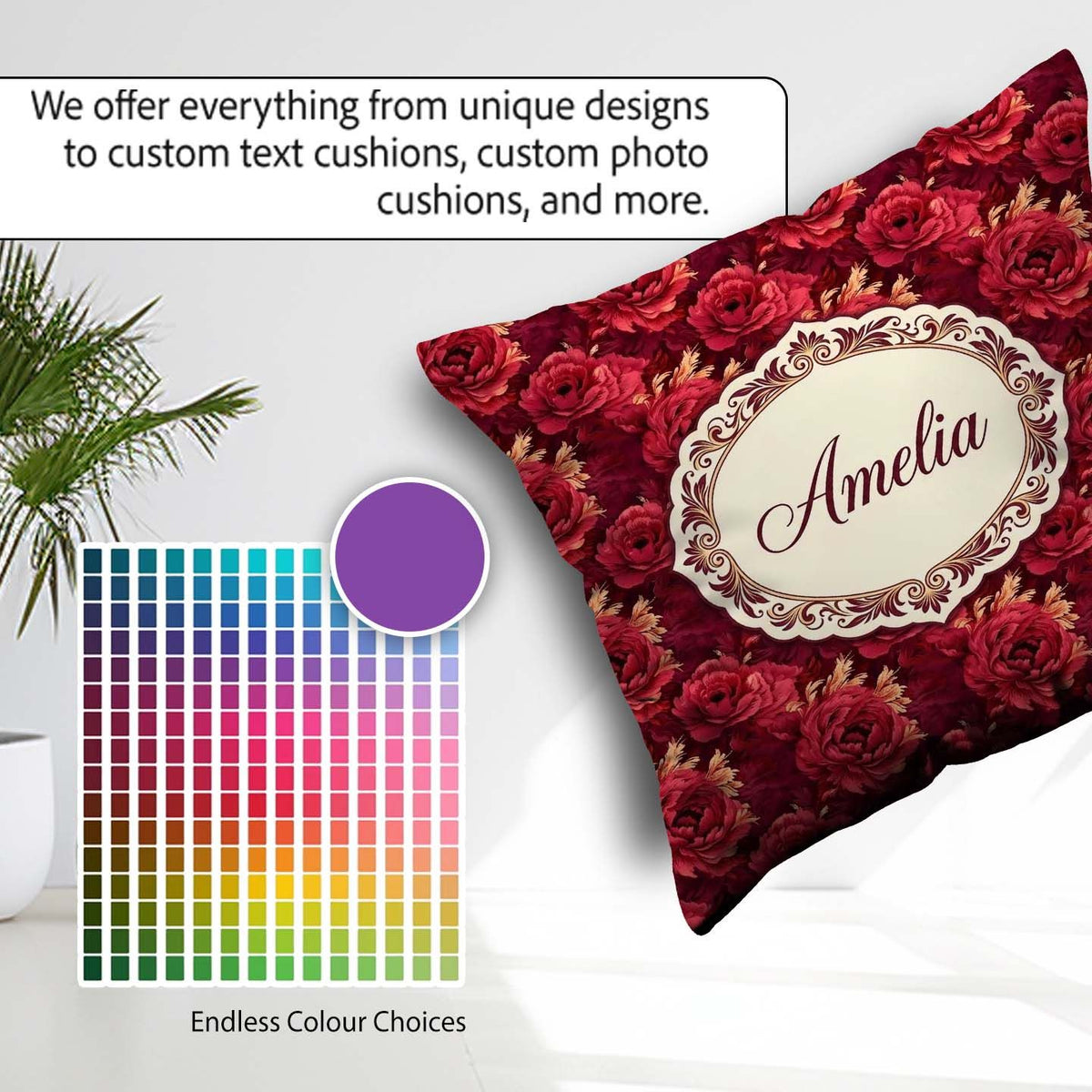 Custom Name Rich Red Peony Flower Garden Seamless Pattern Coffee Square Filled Cushion Throw Pillow Sofa Bed Home Decor Zip Washable UK Made