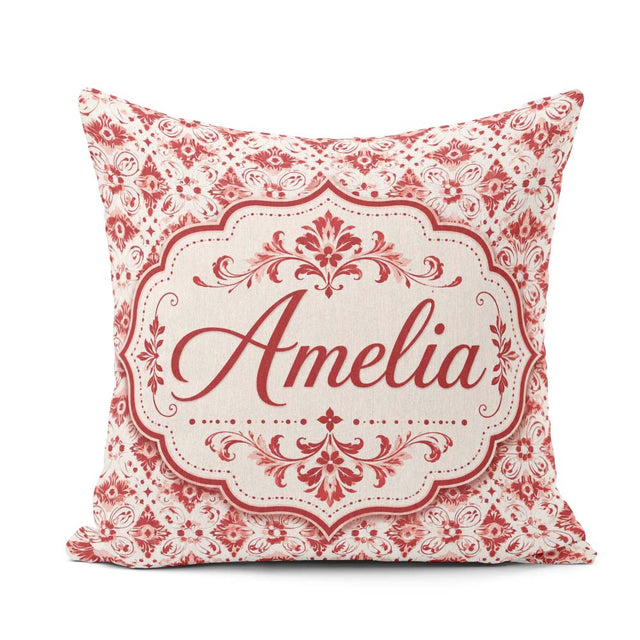Custom Name Delicate Red Floral Decorative Motif Seamless Lovely Square Filled Cushion Throw Pillow Sofa Bed Home Decor Zip Washable UK Made