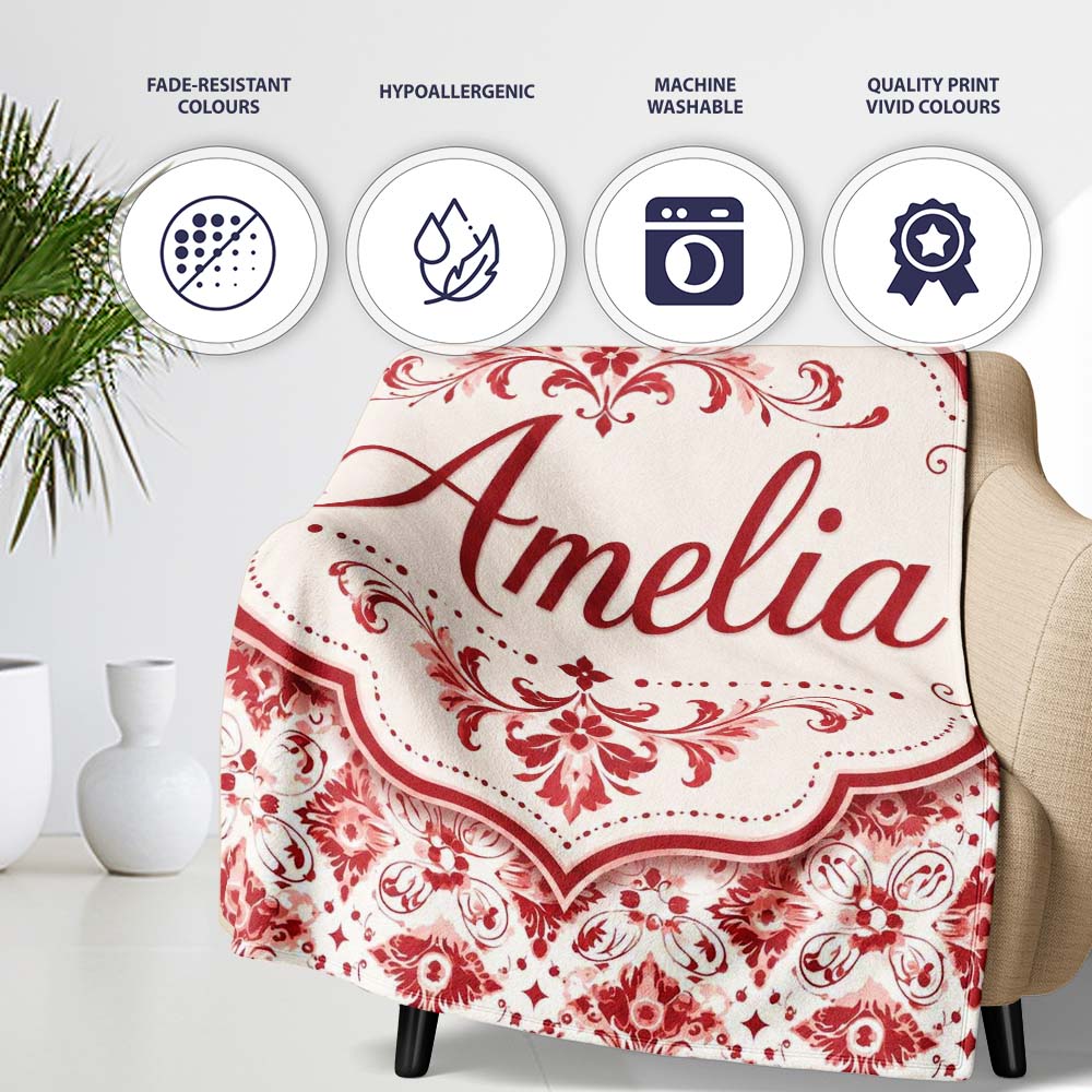 Delicate Red Floral Decorative Motif Seamless Pattern Lovely  Personalised Custom Name Super Soft Fleece Blanket Bed Sofa Throw
