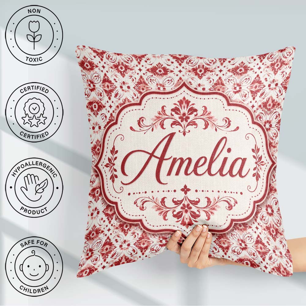 Custom Name Delicate Red Floral Decorative Motif Seamless Lovely Square Filled Cushion Throw Pillow Sofa Bed Home Decor Zip Washable UK Made