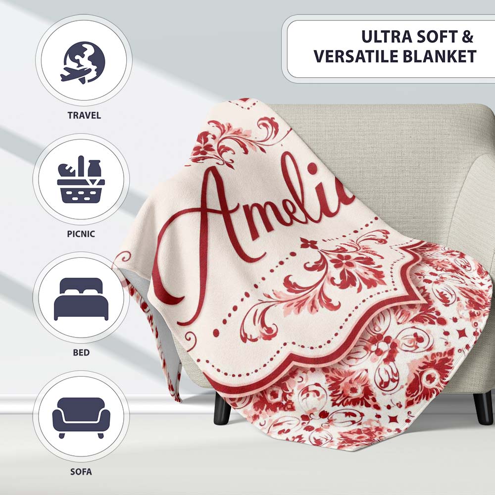 Delicate Red Floral Decorative Motif Seamless Pattern Lovely  Personalised Custom Name Super Soft Fleece Blanket Bed Sofa Throw