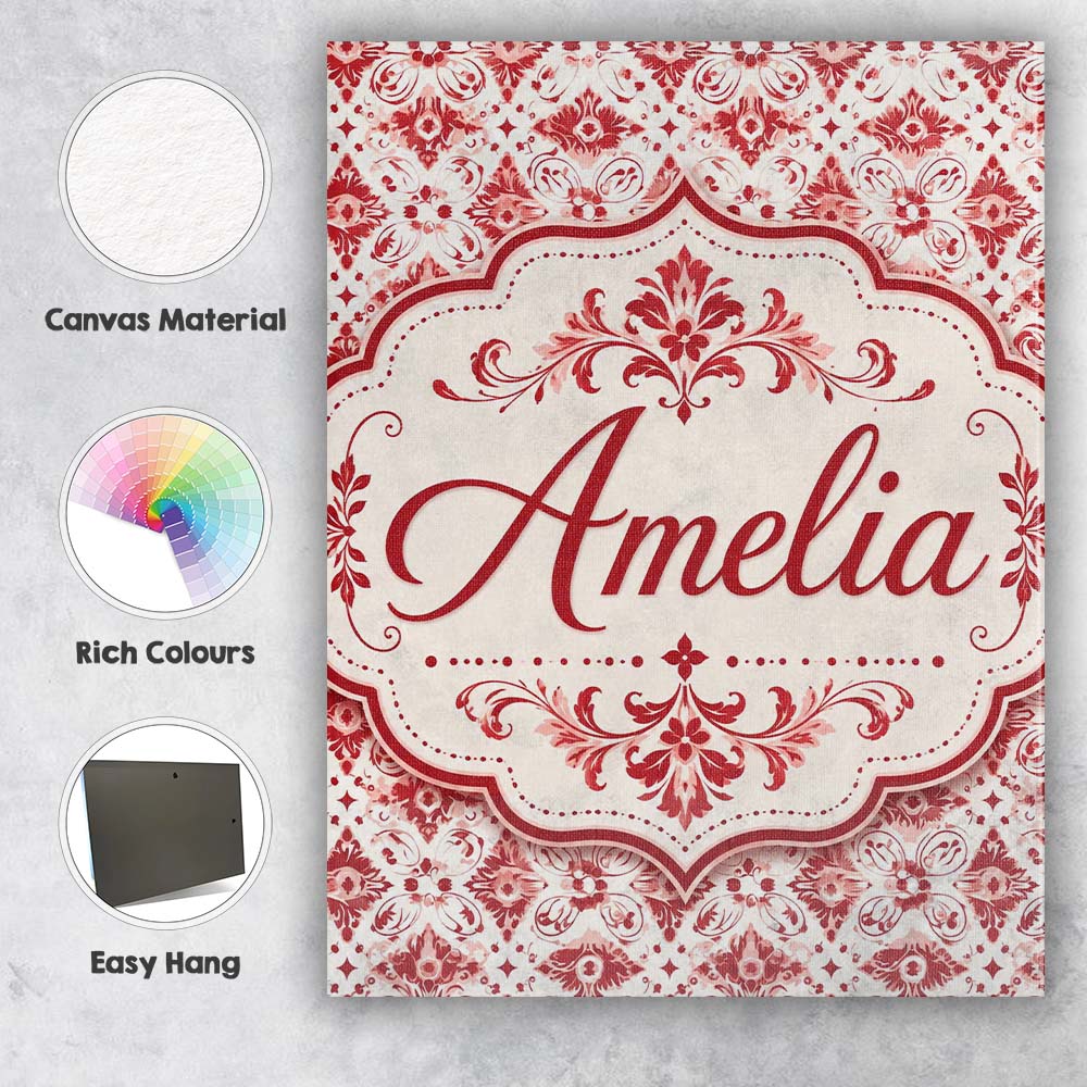 Personalised Name Delicate Red Floral Custom Modern Room Accent Creative Decorator Style Canvas Wall Art Print Decor Picture Ready to Hang