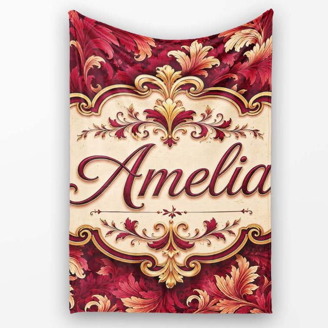 Luxury Red and Gold Ornate Floral Baroque Seamless Pattern Lovely  Personalised Custom Name Super Soft Fleece Blanket Bed Sofa Throw
