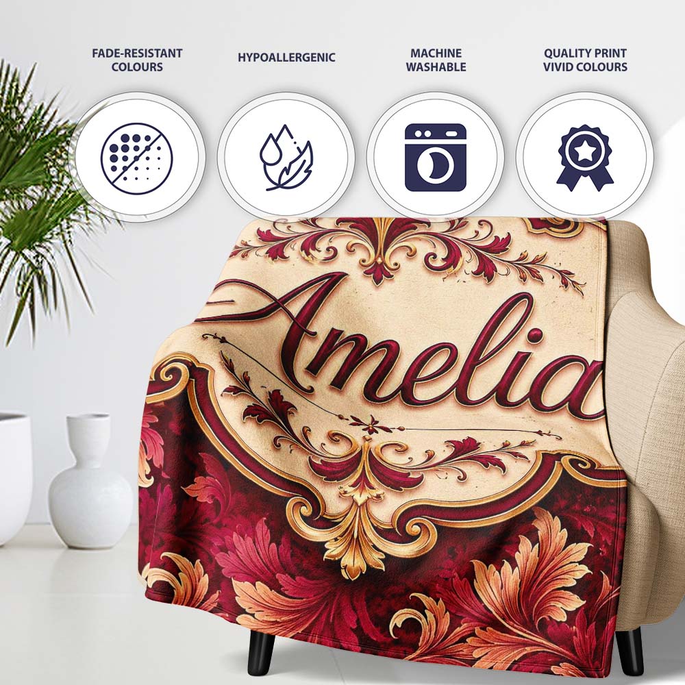 Luxury Red and Gold Ornate Floral Baroque Seamless Pattern Lovely  Personalised Custom Name Super Soft Fleece Blanket Bed Sofa Throw