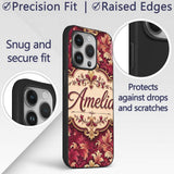 Luxury Red and Gold Ornate Floral Printed Design Custom Name Protective Phone Case Mobile Cover Durable Everyday Smartphone Shock Resistant