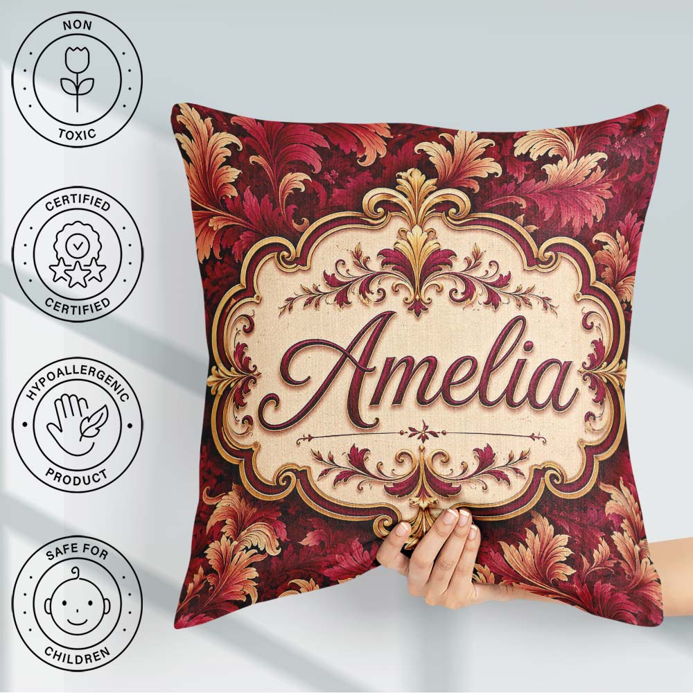 Custom Name Luxury Red and Gold Ornate Baroque Seamless Pattern Square Filled Cushion Throw Pillow Sofa Bed Home Decor Zip Washable UK Made