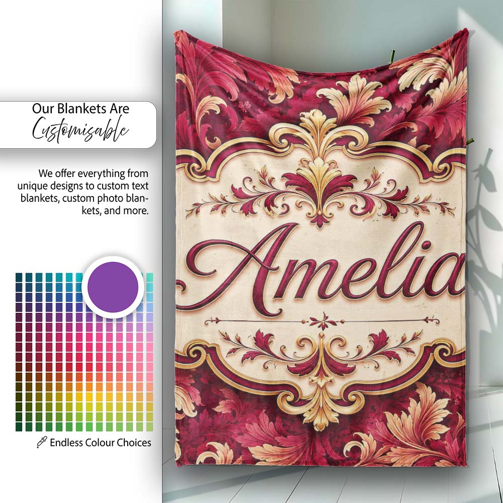 Luxury Red and Gold Ornate Floral Baroque Seamless Pattern Lovely  Personalised Custom Name Super Soft Fleece Blanket Bed Sofa Throw