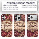 Luxury Red and Gold Ornate Floral Printed Design Custom Name Protective Phone Case Mobile Cover Durable Everyday Smartphone Shock Resistant