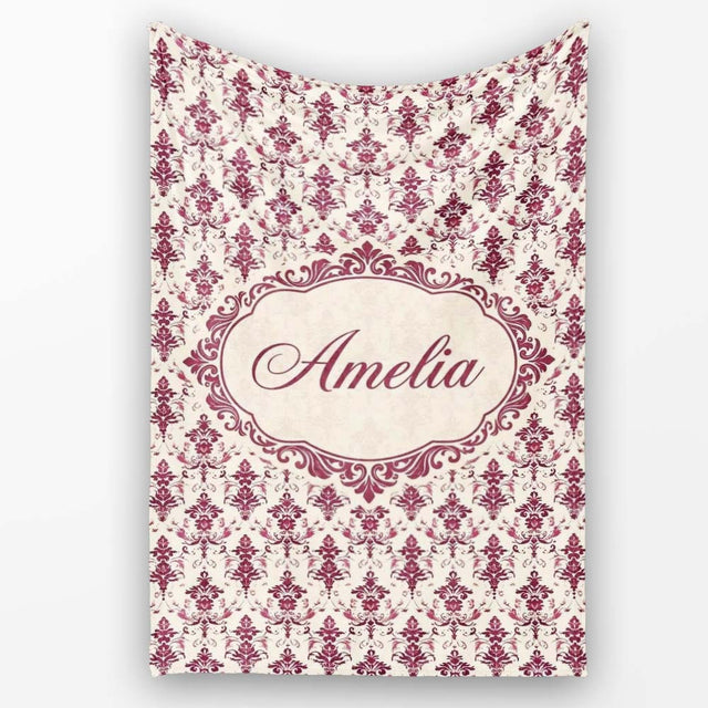 Classic Burgundy Vintage Damask Floral Seamless Pattern Lovely  Personalised Custom Name Super Soft Fleece Blanket Bed Sofa Throw