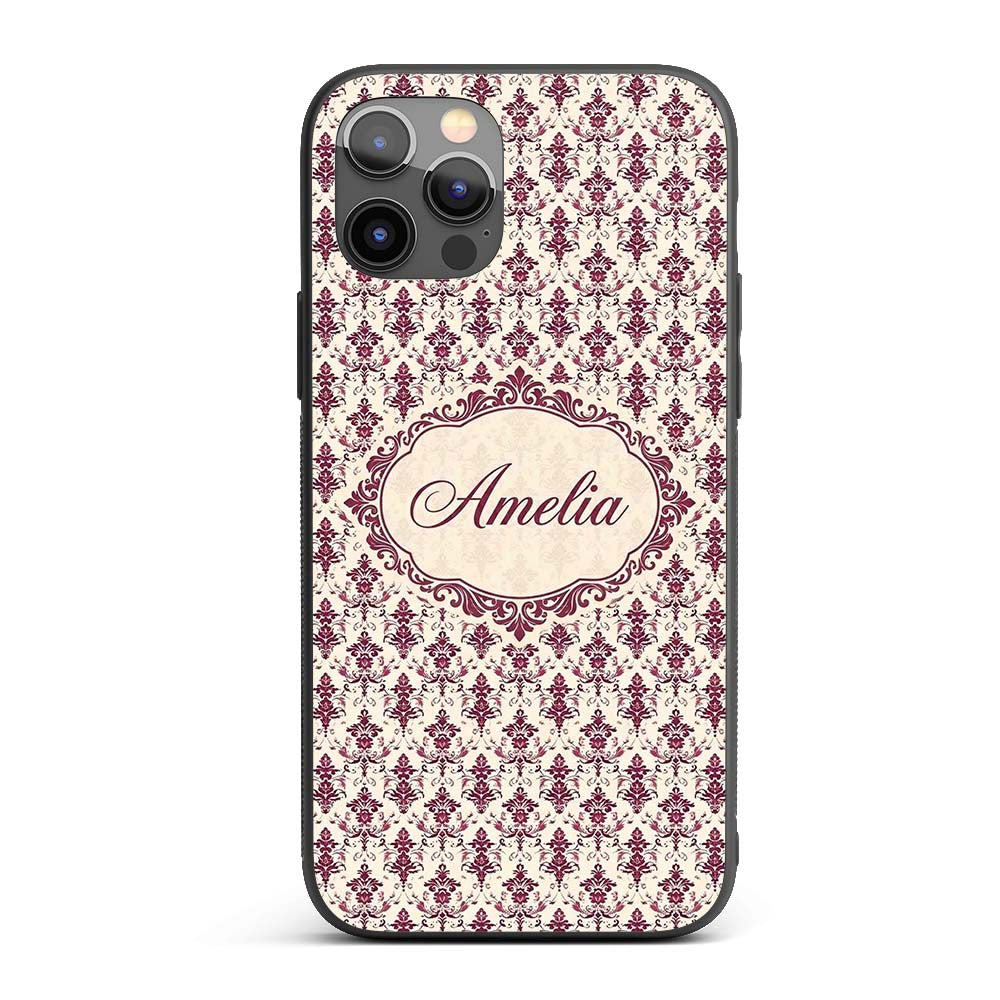 Classic Burgundy Vintage Damask Floral Seamless Custom Name Protective Phone Case Mobile Cover Durable Everyday Smartphone Shock Resistant
