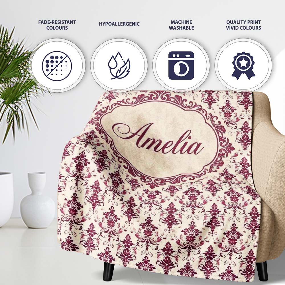 Classic Burgundy Vintage Damask Floral Seamless Pattern Lovely  Personalised Custom Name Super Soft Fleece Blanket Bed Sofa Throw