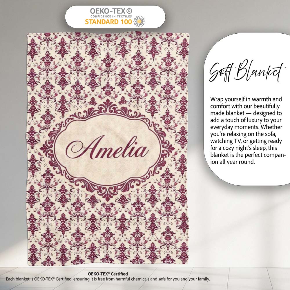 Classic Burgundy Vintage Damask Floral Seamless Pattern Lovely  Personalised Custom Name Super Soft Fleece Blanket Bed Sofa Throw