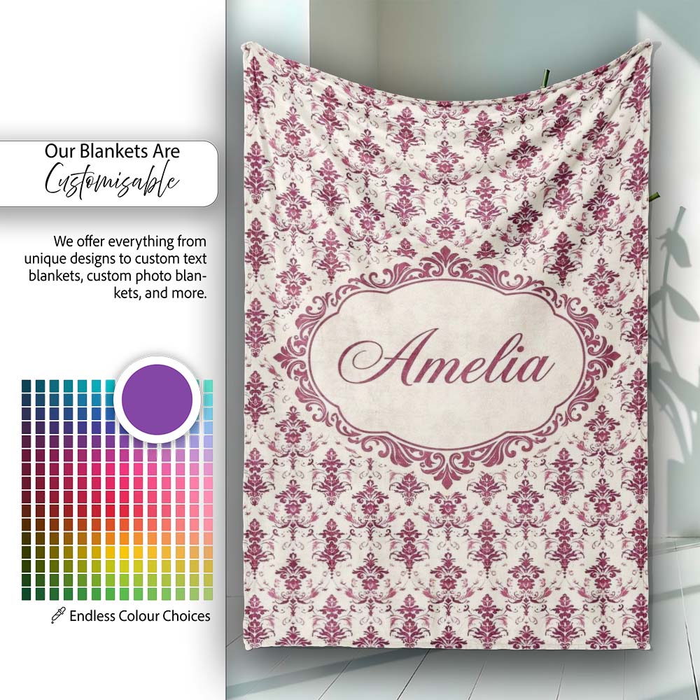 Classic Burgundy Vintage Damask Floral Seamless Pattern Lovely  Personalised Custom Name Super Soft Fleece Blanket Bed Sofa Throw