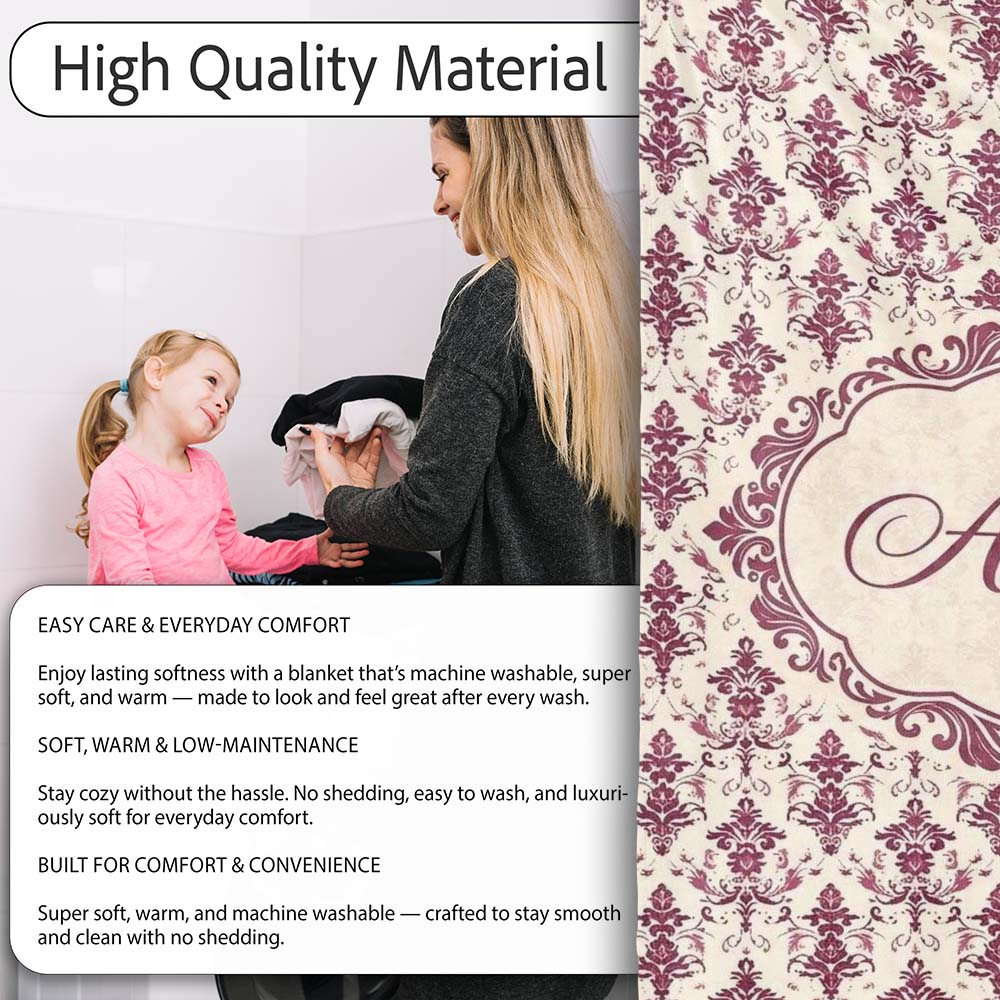 Classic Burgundy Vintage Damask Floral Seamless Pattern Lovely  Personalised Custom Name Super Soft Fleece Blanket Bed Sofa Throw
