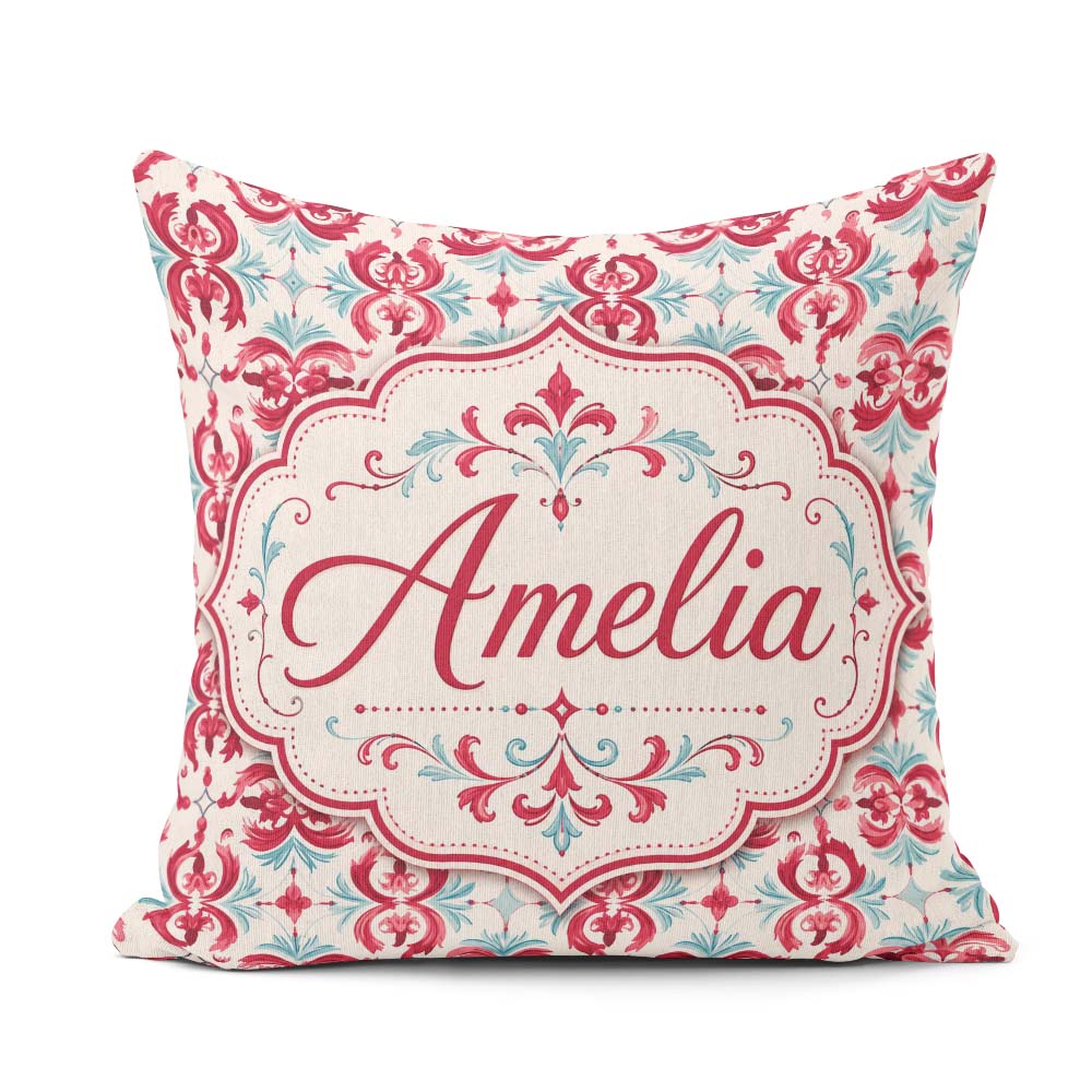 Custom Name Elegant Red and Teal Decorative Ornamental Seamless Square Filled Cushion Throw Pillow Sofa Bed Home Decor Zip Washable UK Made