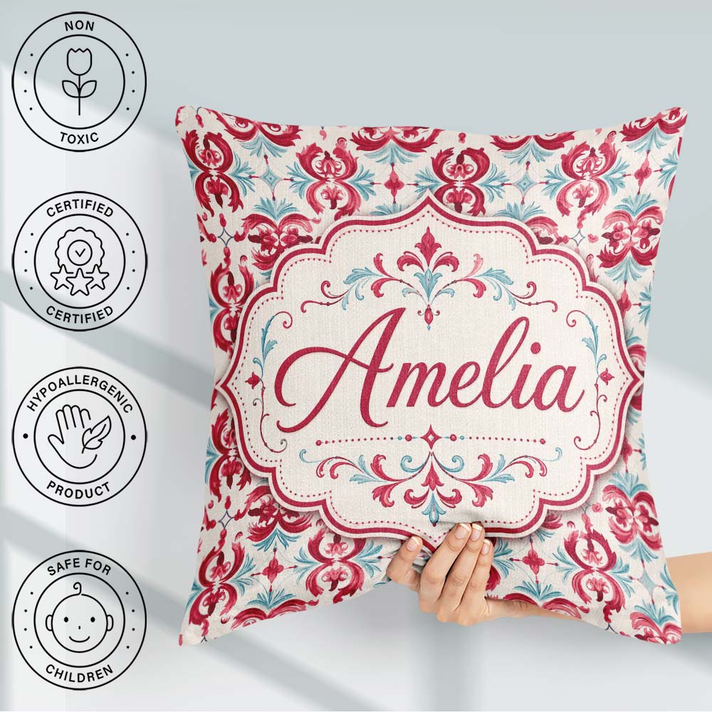 Custom Name Elegant Red and Teal Decorative Ornamental Seamless Square Filled Cushion Throw Pillow Sofa Bed Home Decor Zip Washable UK Made