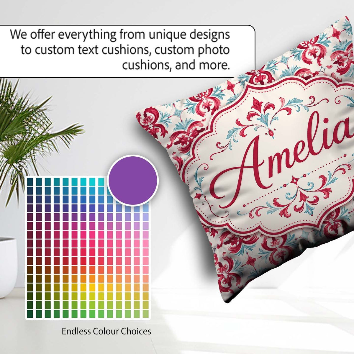 Custom Name Elegant Red and Teal Decorative Ornamental Seamless Square Filled Cushion Throw Pillow Sofa Bed Home Decor Zip Washable UK Made