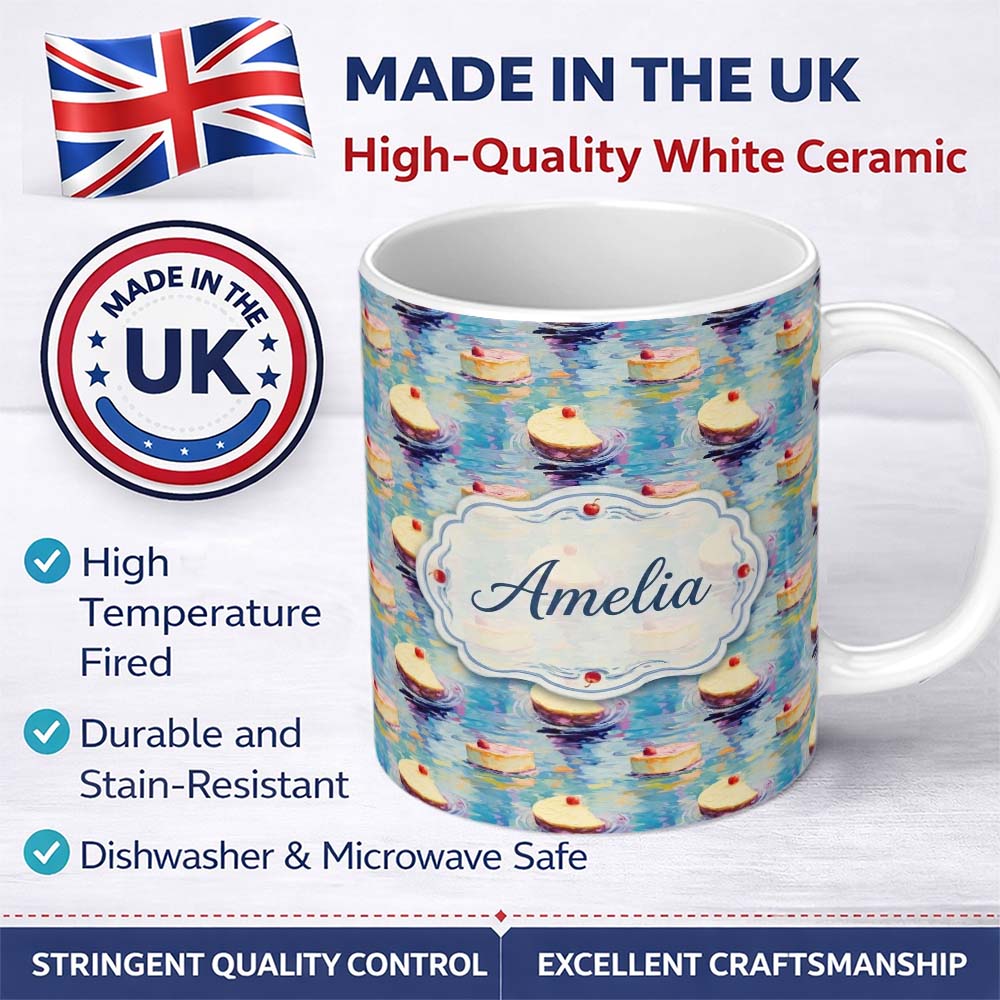 Personalized Custom Name Abstract Cheesecake Slice Floating Water Artistic Seamless Pattern 11oz Ceramic Coffee Tea Mug White Large Handle