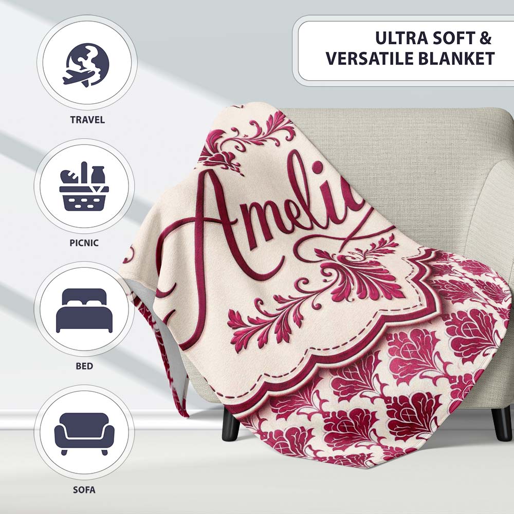 Stylish Pink Art Deco Fan Motif Seamless Pattern Cute Unique Gift  Personalised Custom Name Super Soft Fleece Blanket Bed Sofa Throw