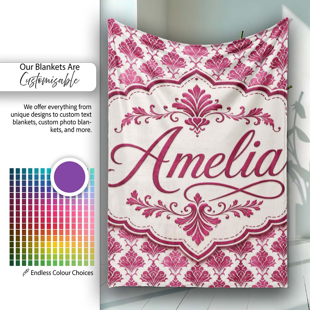 Stylish Pink Art Deco Fan Motif Seamless Pattern Cute Unique Gift  Personalised Custom Name Super Soft Fleece Blanket Bed Sofa Throw