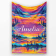 Neon Sunset Mountain Lake Landscape Pattern Stylish Everyday   Personalised Custom Name Super Soft Fleece Blanket Bed Sofa Throw