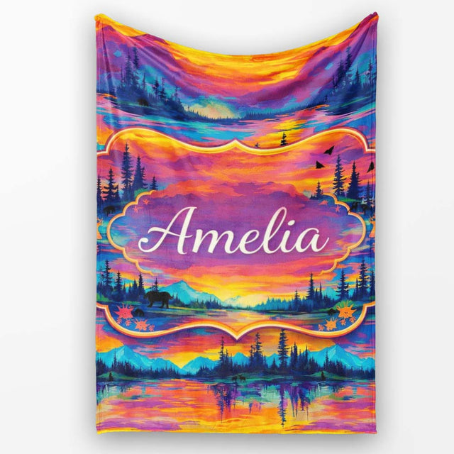 Neon Sunset Mountain Lake Landscape Pattern Stylish Everyday   Personalised Custom Name Super Soft Fleece Blanket Bed Sofa Throw